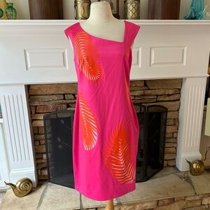 NWT Cache cocktail dress asymmetrical shoulder detail hot pink orange leaf 8
